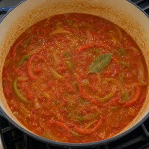 Tomato pepper sauce simmering with a bay leaf