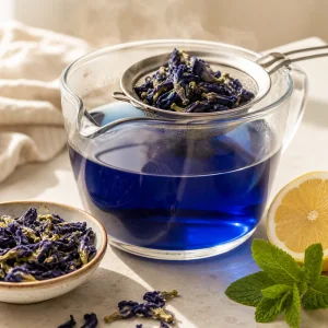 Tiefblauer Schmetterlingserbsentee mit Blueten