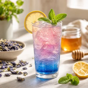 Fertige sprudelnde Schmetterlingserbsen-Limonade mit Zitrone und Minze