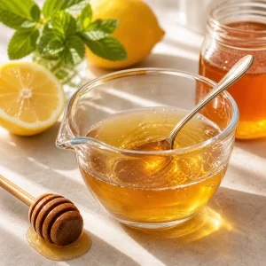 Goldener Honigsirup in einer Glasschale geruehrt