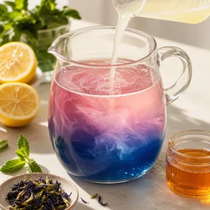 Zitronensaft faerbt Schmetterlingserbsentee rosa und violett