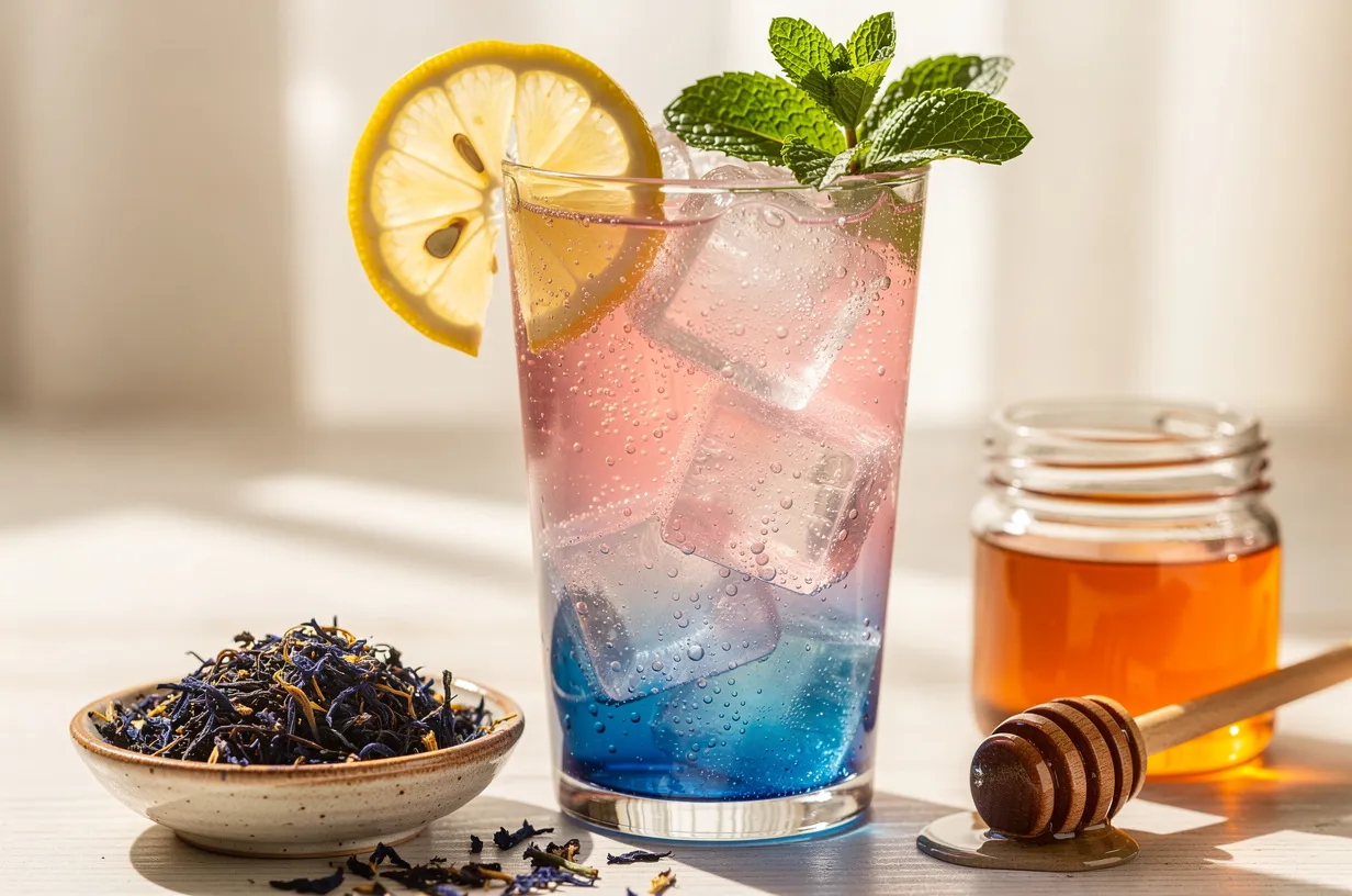 Prickelnde Butterfly-Pea-Limonade mit Honig & Minze