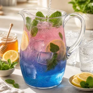 Sprudelnde Schmetterlingserbsen-Limonade mit Minze im Krug