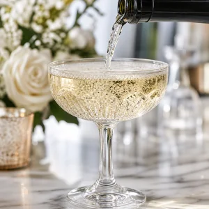 Prosecco gelado despejado no coquetel de gin e sabugueiro com bolhas finas subindo