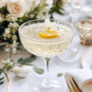 Coquetel espumante gelado de gin e sabugueiro finalizado e pronto para servir em uma celebracao de casamento