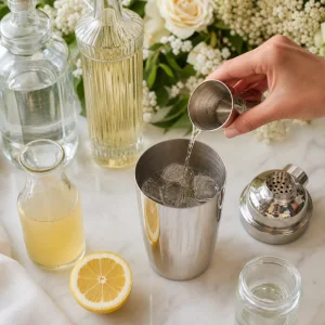 Gin licor de flor de sabugueiro sumo de limao xarope simples e gelo preparados na coqueteleira
