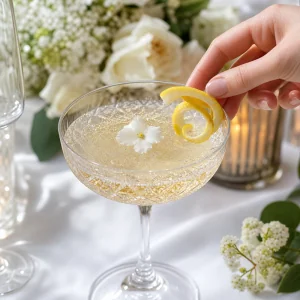 Coquetel espumante de gin e sabugueiro decorado com twist de limao e delicada flor branca comestivel