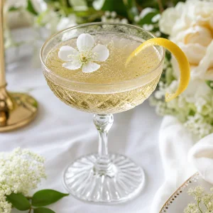 Coquetel espumante de gin com flor de sabugueiro, twist de limao e flor comestivel para brinde de casamento