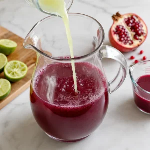 Pomegranate juice and fresh lime juice combined in a clear pitcher