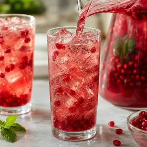 Ruby pomegranate ginger mocktail poured over ice cubes in a serving glass