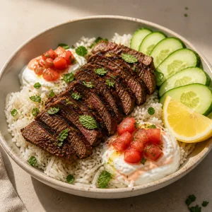 Ciotola finita di riso con manzo speziato e salsa yogurt pomodoro
