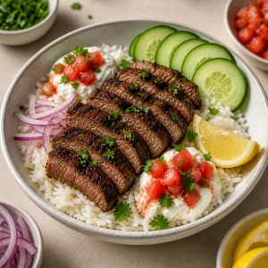 Ciotola di riso con manzo affettato, salsa, cetriolo e limone