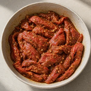 Fette di manzo coperte da marinata rossa speziata