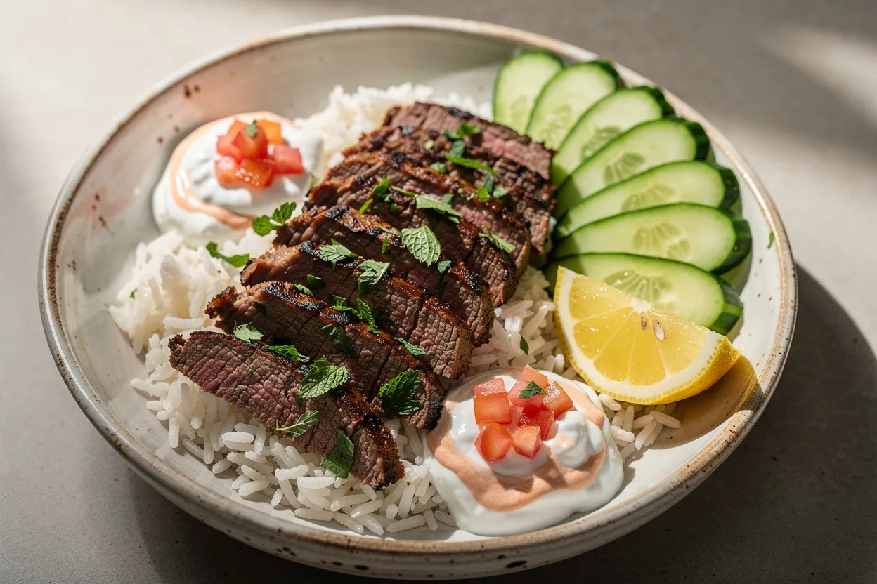 Würzige Rind-Kebab-Bowl mit Joghurttomaten-Salsa und Reis