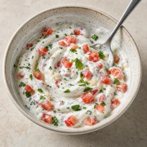 Salsa di yogurt e pomodoro con erbe in una ciotola