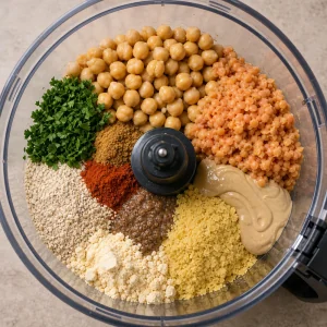 Garbanzos, lentejas, tahini, hierbas y especias en un procesador
