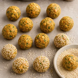 Bolitas crudas de garbanzo y lenteja rebozadas en sesamo