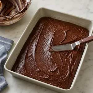Ciasto na brownie wyrównywane w przygotowanej formie.