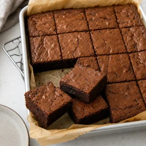 Wystudzone brownie pokrojone w równe kwadraty w formie.