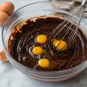 Jajka mieszane z błyszczącym czekoladowym ciastem na brownie.