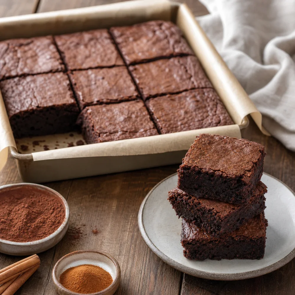 Gotowe korzenne brownie z ciemną czekoladą pokrojone w kwadraty.