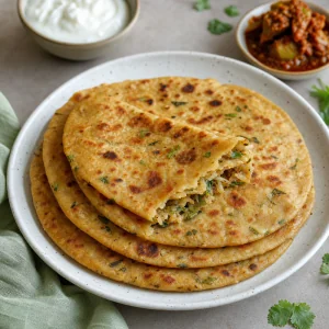 Finished spiced mooli parathas stacked on a plate with yogurt and pickle.