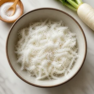 Grated mooli in a bowl sprinkled with salt to draw out moisture.