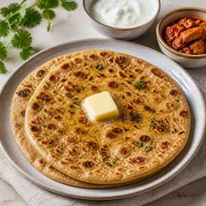 Hot mooli paratha served with yogurt, butter, and Indian pickle.