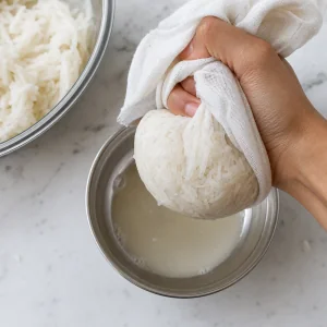 Salted grated mooli squeezed in muslin cloth to remove excess liquid.