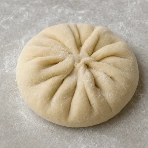 Stuffed dough pleated to the center, pinched shut, and gently flattened.