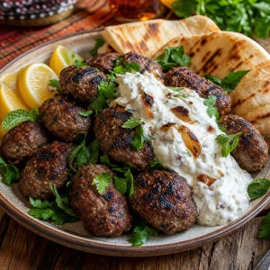 Kofte turco pronto servido com iogurte de cebola tostada, limao, ervas e pao achatado