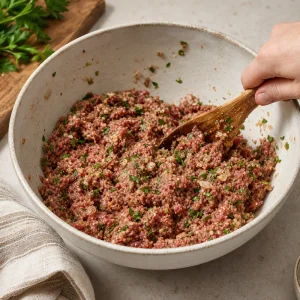 Carne de cordeiro e vaca moida misturada suavemente com cebola, ervas, ovo, pao ralado e especiarias