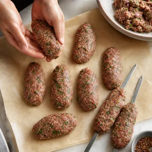 Kofte turco cru moldado em oito medalhoes alongados sobre papel vegetal