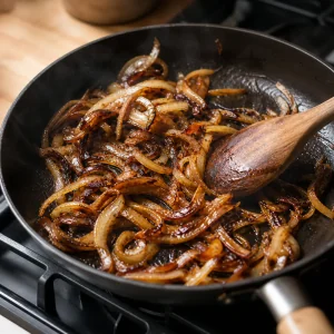 Fatias finas de cebola cozinhadas em azeite ate ficarem bem douradas e ligeiramente tostadas