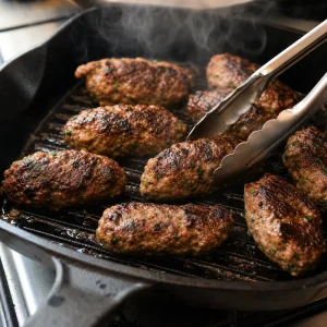 Kofte turco a dourar numa grelha quente ate ficar tostado e cozinhado por dentro