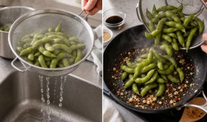 Gegarte Edamame abgetropft und in die Knoblauch-Chili-Pfanne gegeben