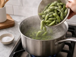 Gefrorene Edamame-Schoten in kochendes Salzwasser gegeben