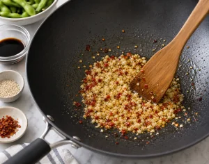 Gehackter Knoblauch und Chiliflocken duftend angebraten