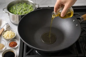 Oel im Wok erhitzt, waehrend die Edamame garen