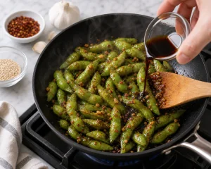 Sojasauce mit Edamame geschwenkt, bis die Schoten glaenzen