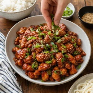 Frango com gochujang finalizado com sementes de gergelim e cebolinha ao lado de arroz e macarrão.