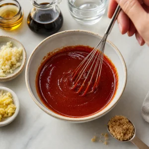 Molho de gochujang batido com molho de soja, óleo de gergelim, alho, gengibre, vinagre, açúcar e água.