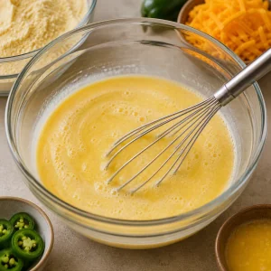 Eggs, buttermilk, and melted butter whisked in a glass bowl.