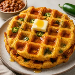 Hot jalapeno cheddar cornbread waffles served with butter and honey.