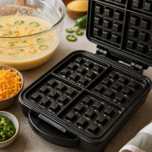 Open greased waffle iron preheating beside jalapeno cheddar batter ingredients.