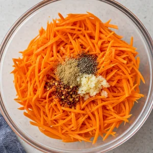 A well of minced garlic, coriander, black pepper, and red pepper flakes in the center of julienned carrots.