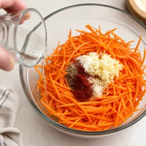 Vinegar being poured around the edge of the carrot salad bowl, away from the spice pile.