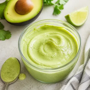 Smooth avocado crema beside lime and cilantro