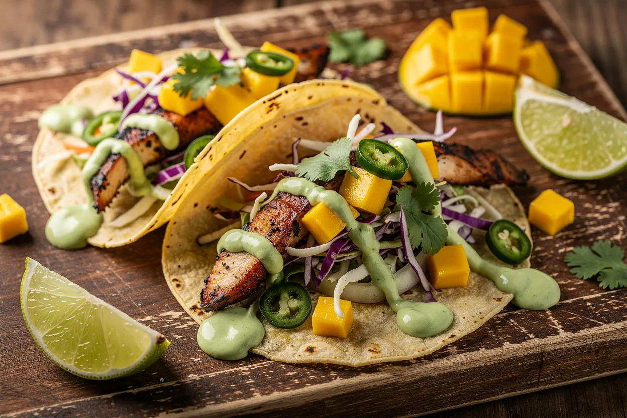 Spicy Mango Chicken Tacos with Cilantro-Lime Slaw & Crema