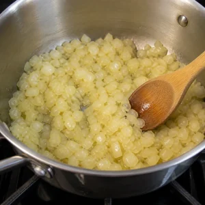 Diced onion softening in olive oil